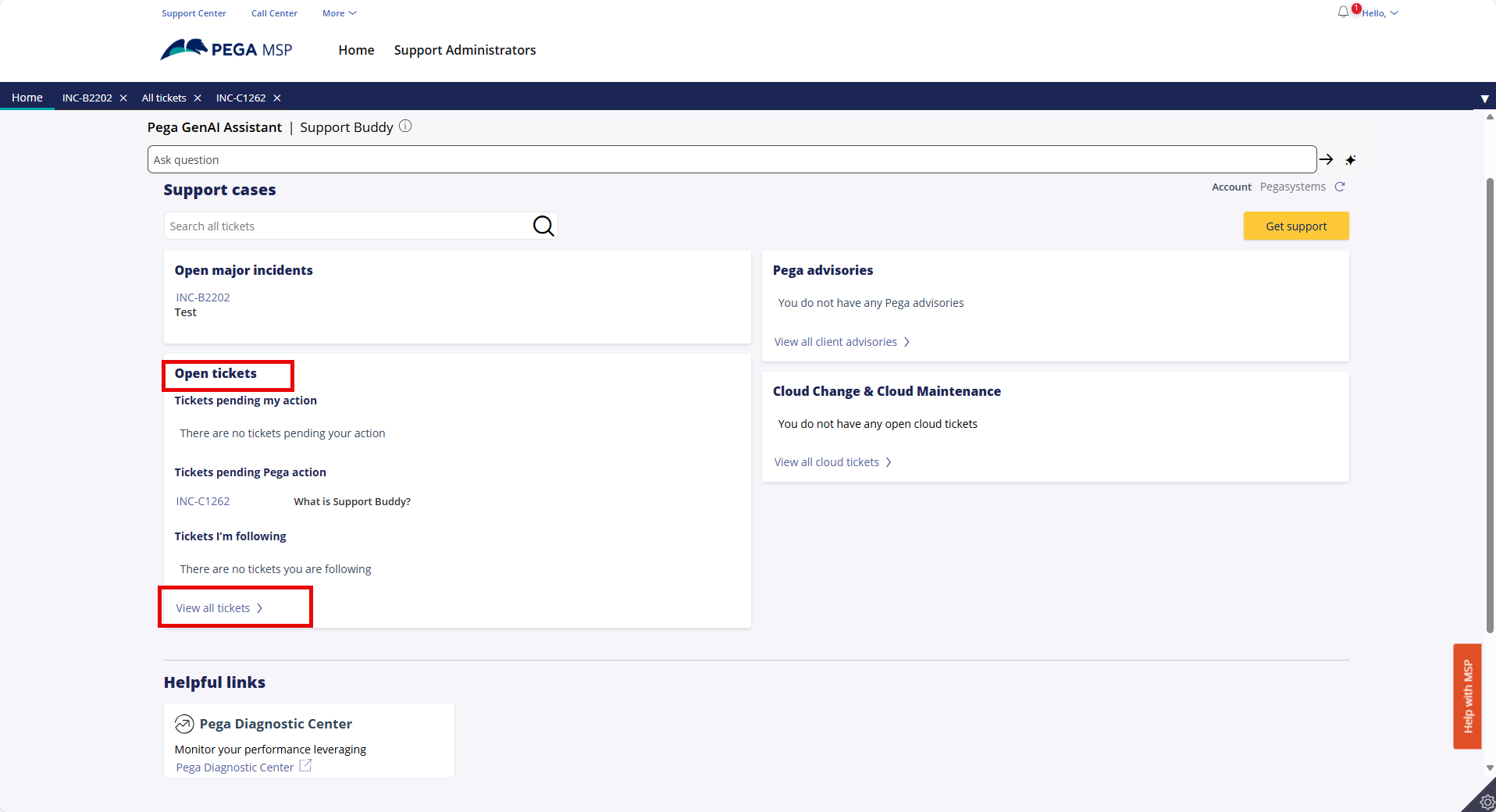 My Support portal Home page - View all tickets link
