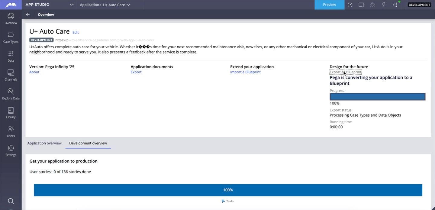 App Studio showing export as a Blueprint