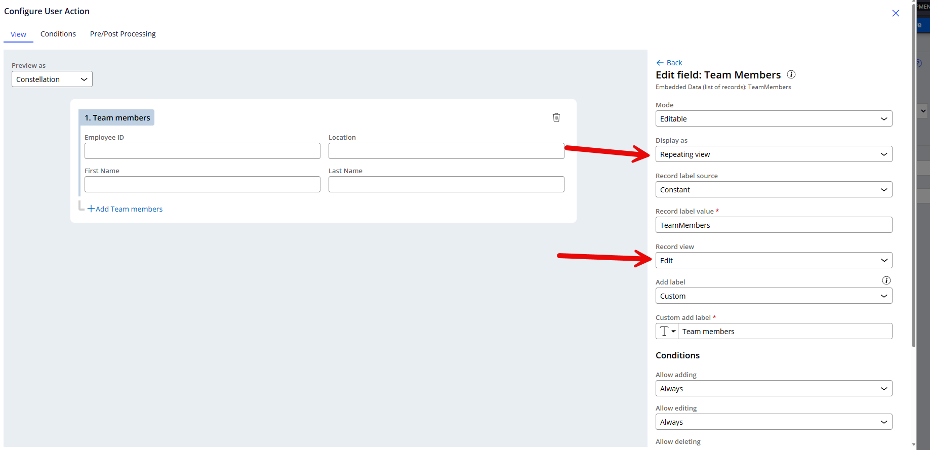 Configure team members field
