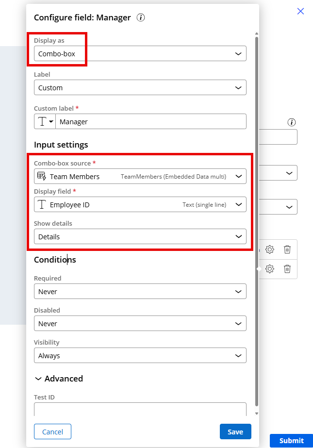 Configure Manager combo box