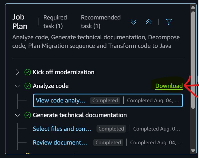 Image show Download option in AWS Transform Analyse Code phase