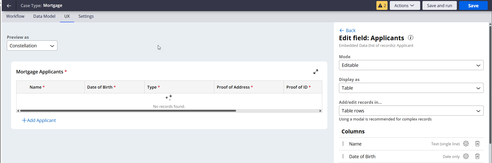 Applicants form view fields