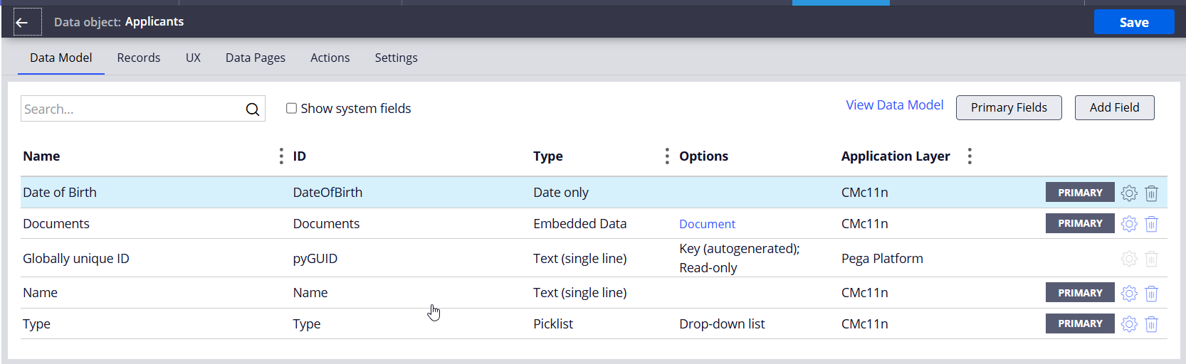 Applicants Data object