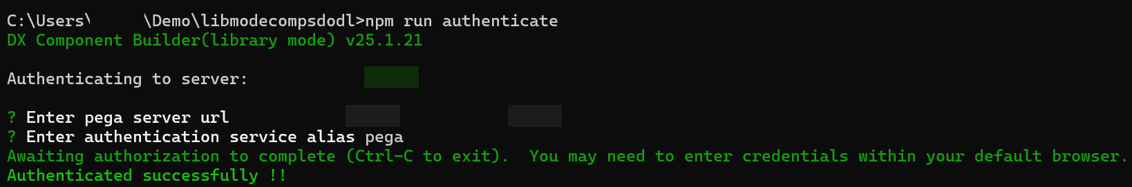 Command line interface depicting the process of authenticating access to Pega Platform