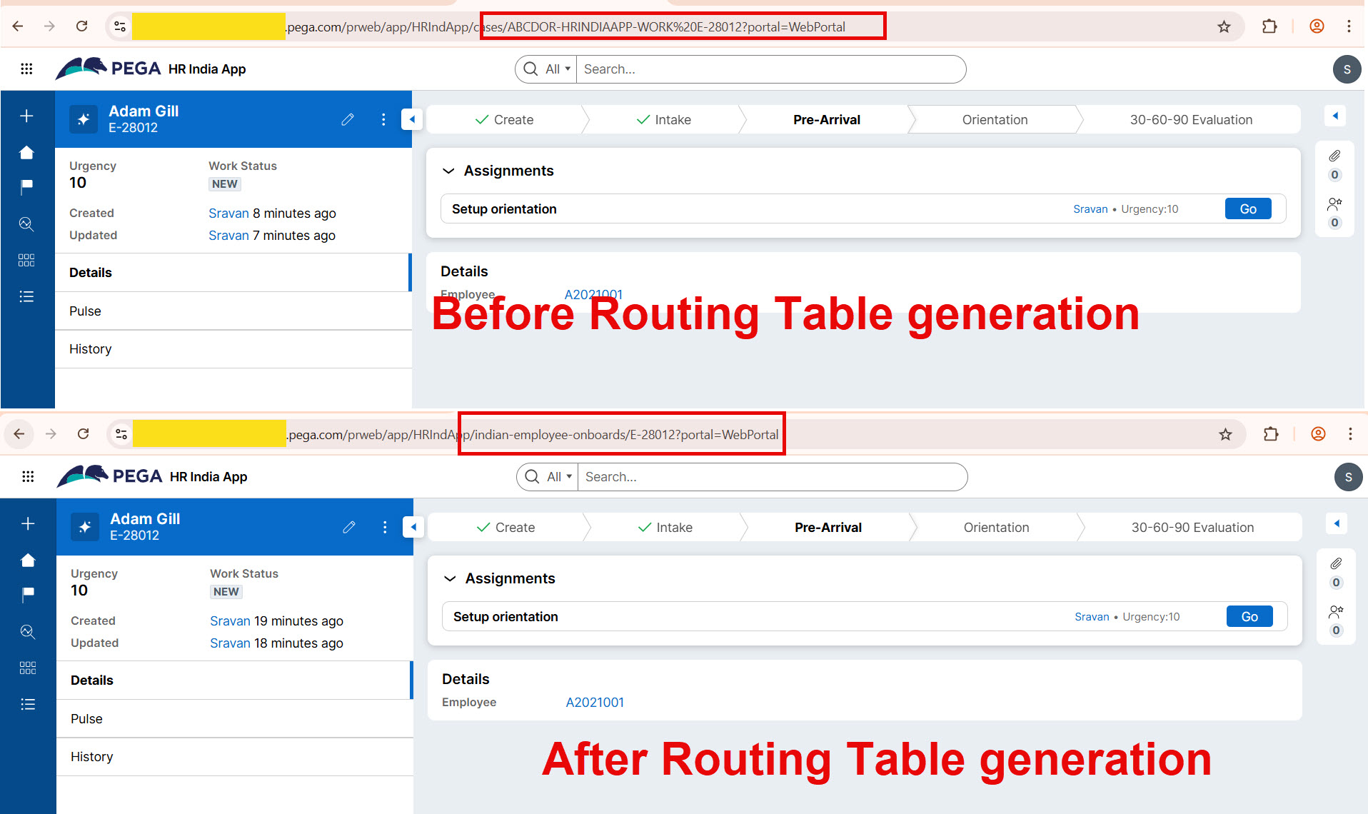 Before and After Routing table