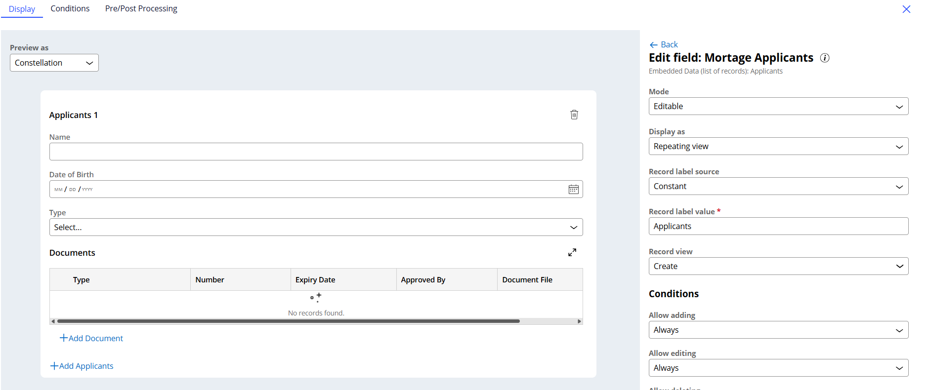 Configure Mortgage applicants fields