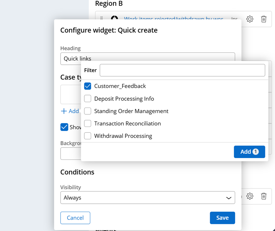 Quick create widget configuration options