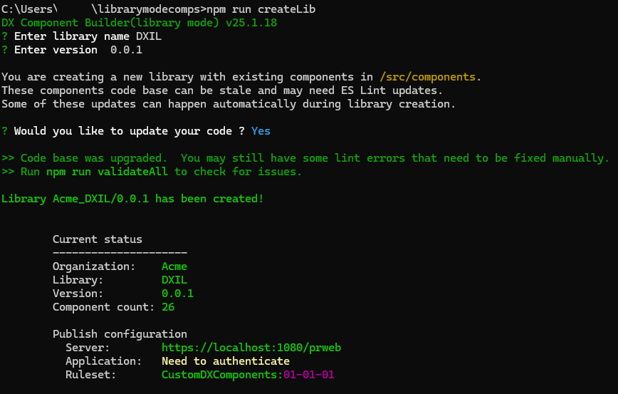 Command line interface depicting the process of creating a component library