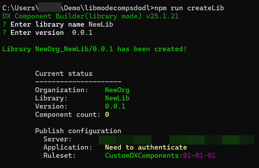 Command line interface depicting the process of creating a component library