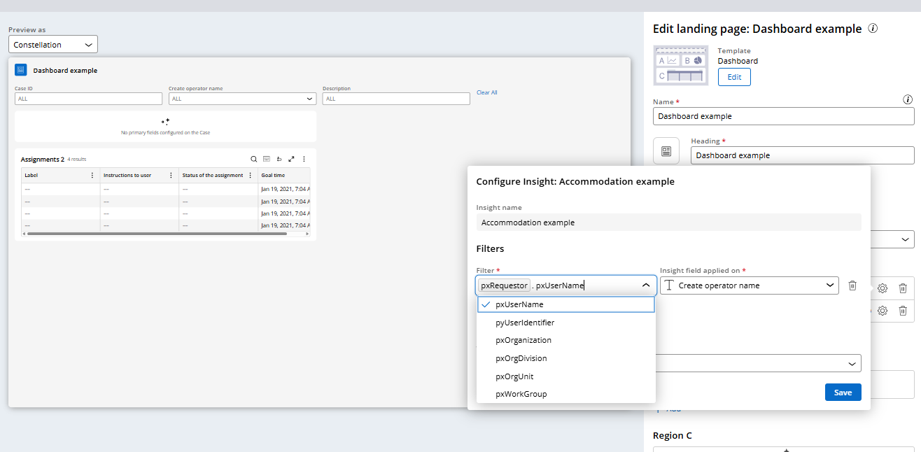 Filtering an insight on a landing page by current operator