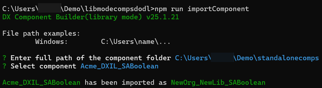 Command line interface depicting the process of importing a component