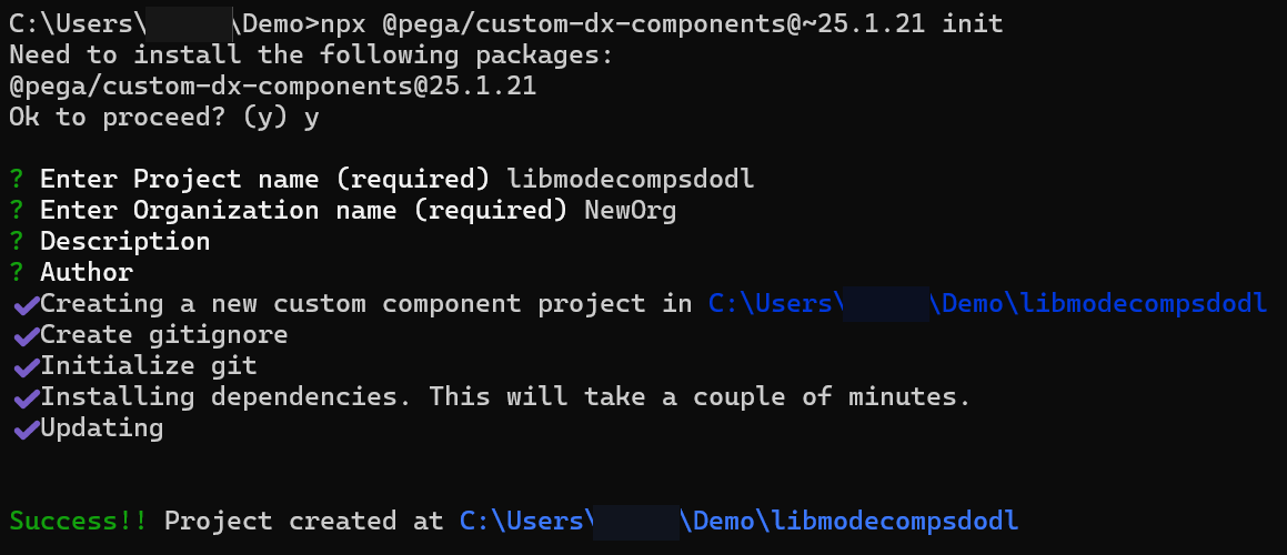 Command line interface depicting the process of initializing a new project