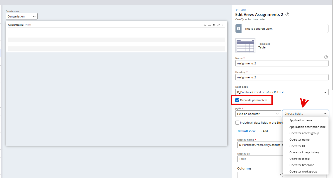 List view with filter from operator