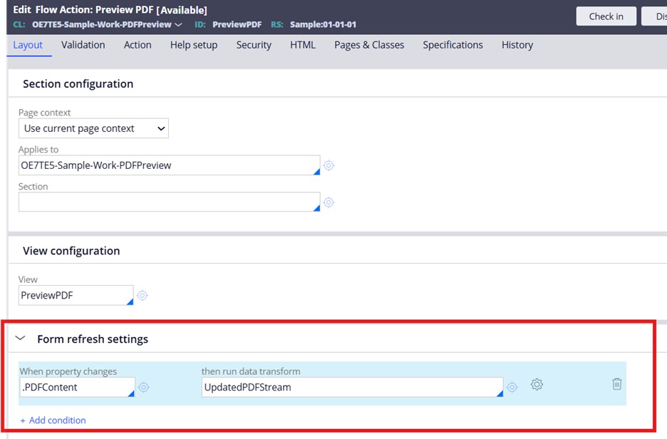 Flow action form refresh settings