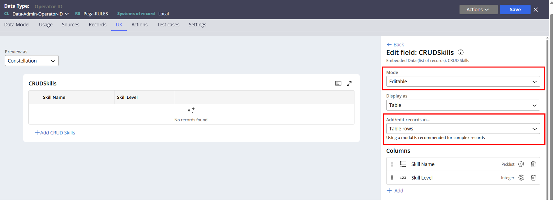 Configure Skills edit mode