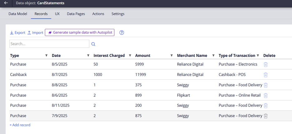 Card Statement Data Object