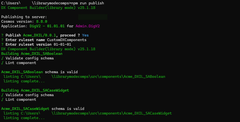 Command line interface depicting the publishing of the component library