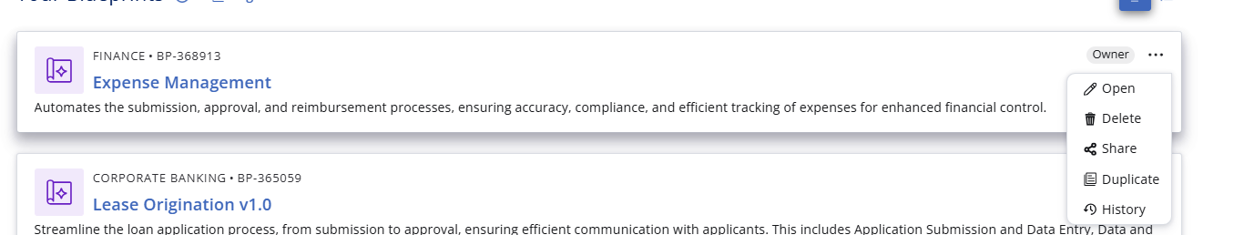Blueprint Dashboard Actions Menu
