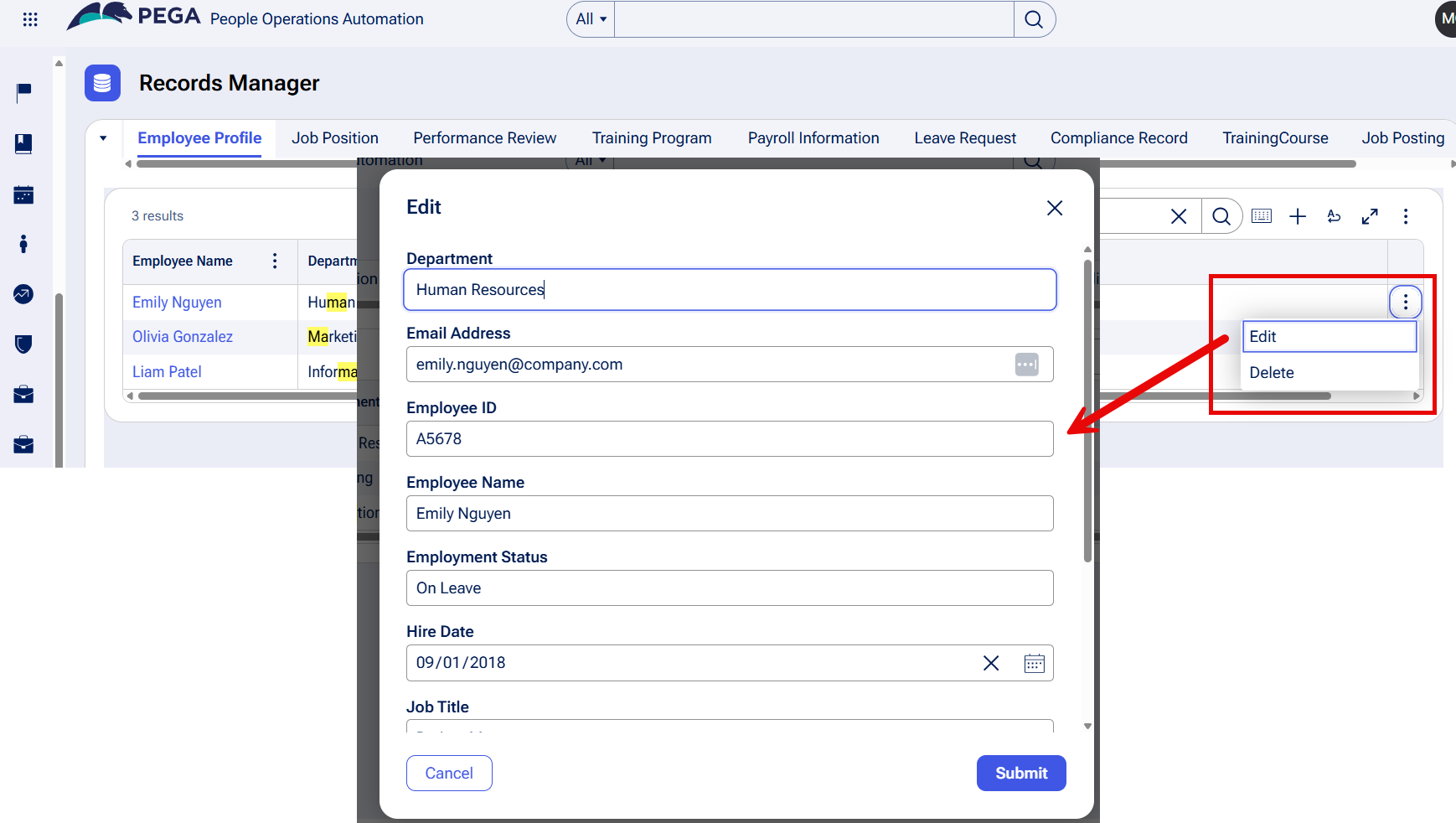 Edit action against record