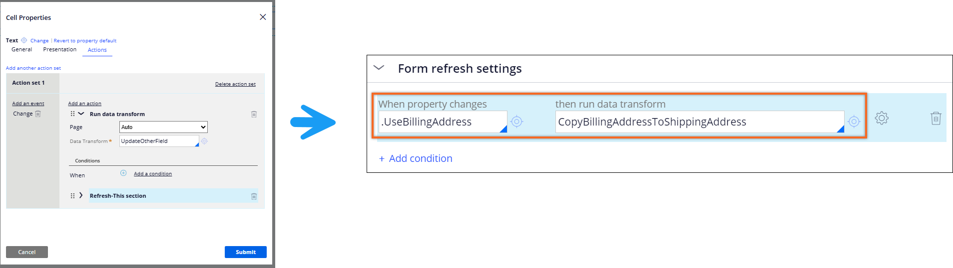 Section Action Set Refresh on Change Data Transform to Constellation