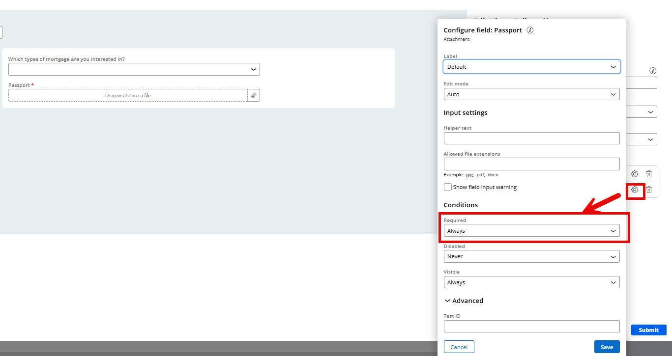Configure attachment field as mandatory