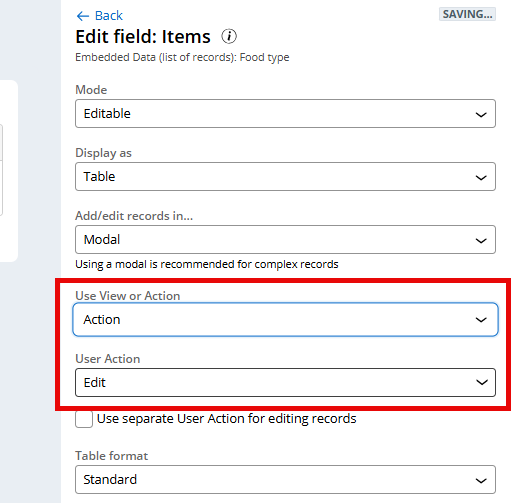 embedded action configuration