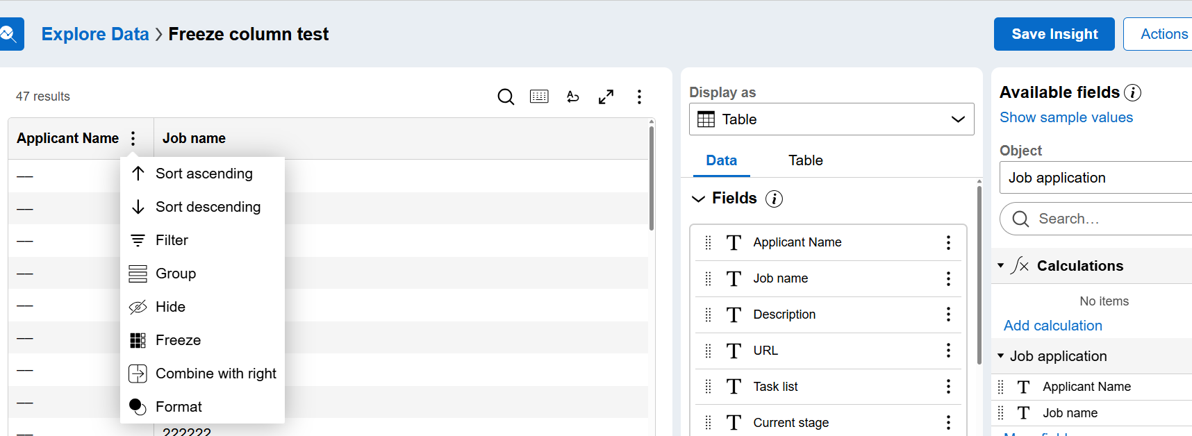 Configuring freeze column on insight