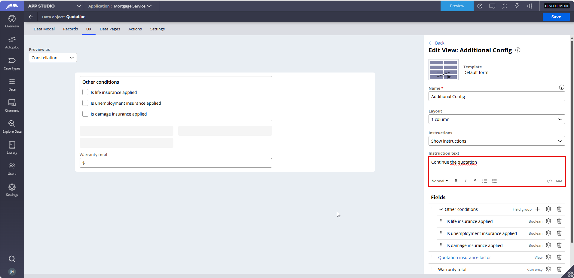 Instruction text configuration