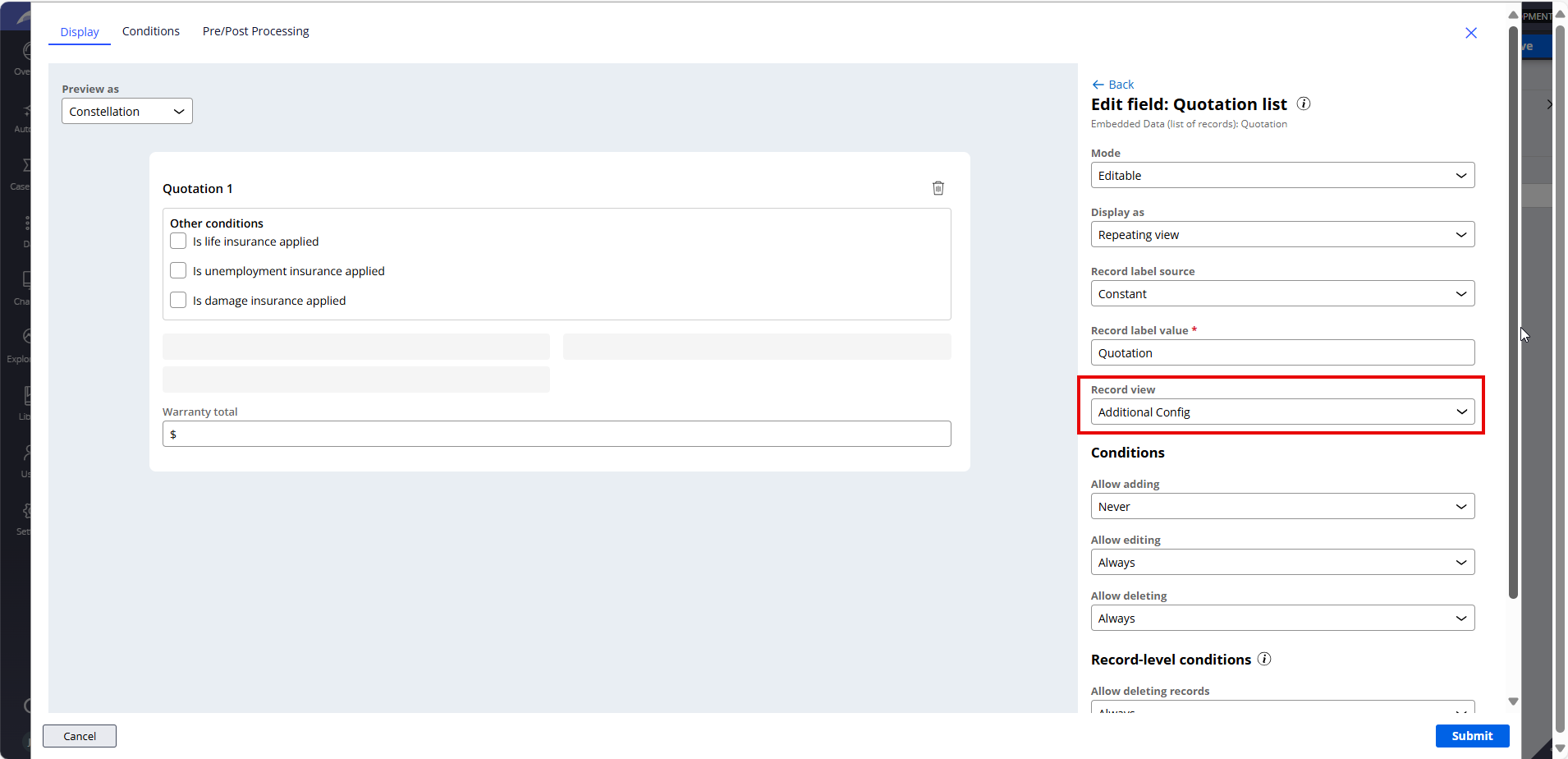 Selecting Record view in embedded field configuration