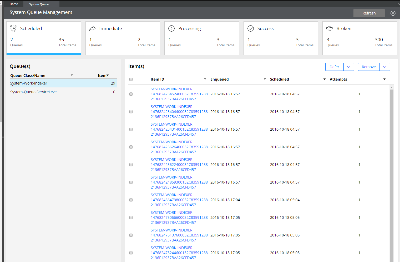 System Queue Management landing page Pega