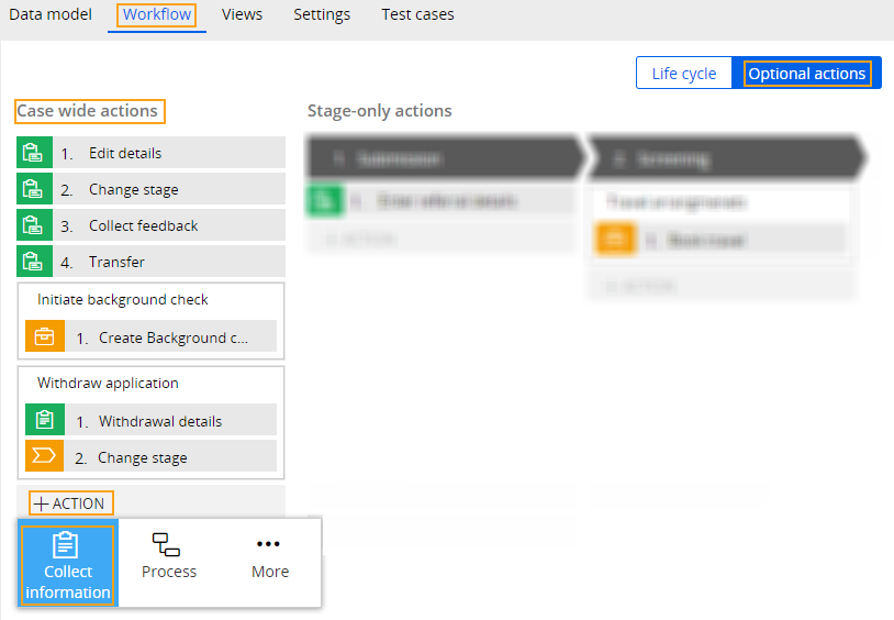 User actions for case types and stages Pega