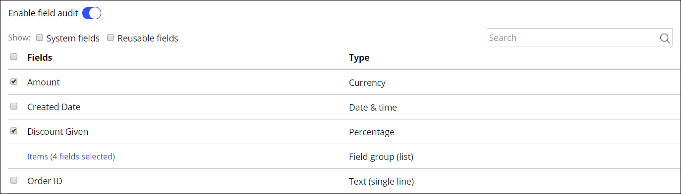Selecting fields for field-level auditing