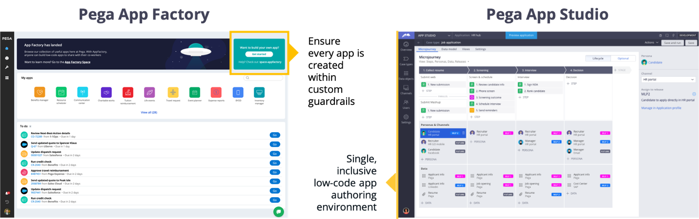 Photo displays Pega App Factory and Pega App Studio interfaces