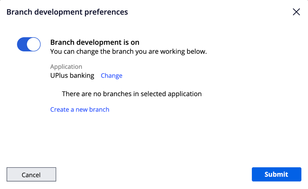 Screenshot of branch development turned on