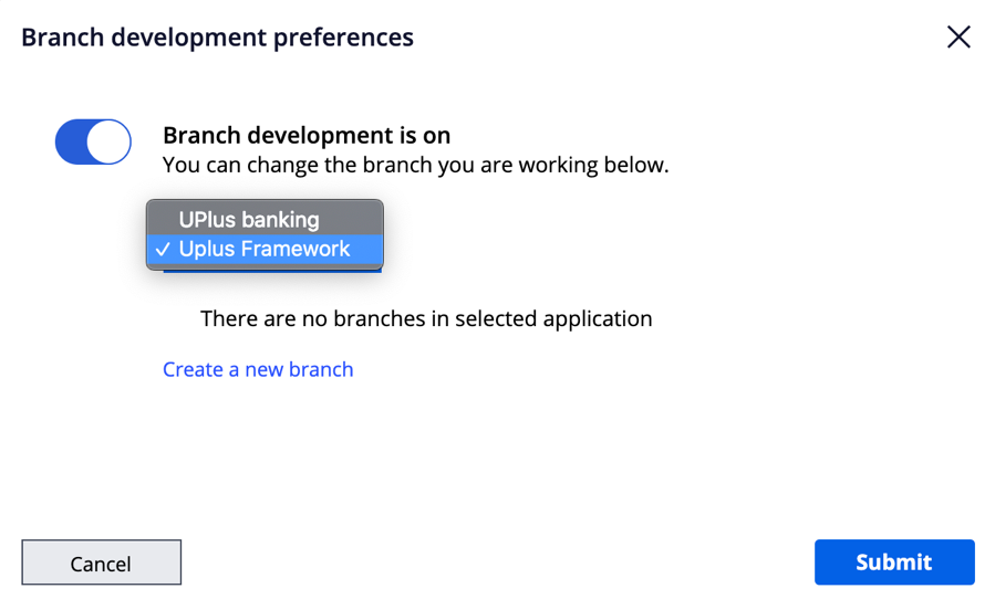 Screenshot of branch development and Uplus Framework selected