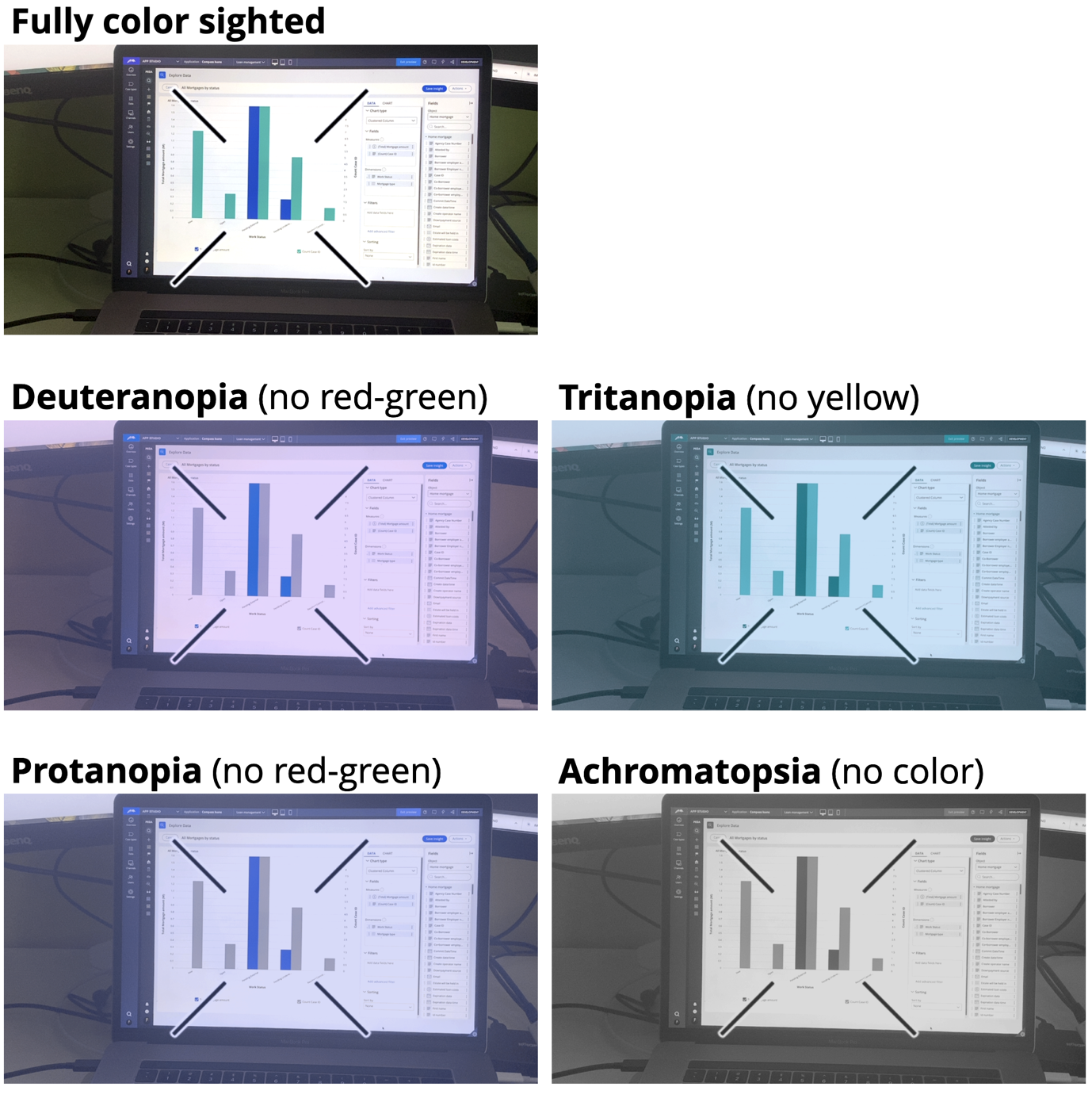 A data visualization on a laptop screen next to simulations of the same picture showing how people with different color blindness types (Deuteranopia, Protanopia, Tritanopia, Achromatopsia) perceive the same scene. 