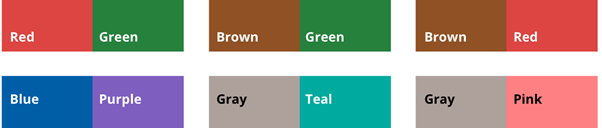 Examples of color combinations that people living with one form of red-green color blindness can not perceive 