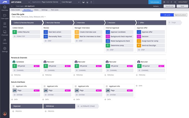 Teams typically sit around a screen and share a view of Pega Platform™ and design the workflow and screens together, using the out-of-the-box features as a starting point.