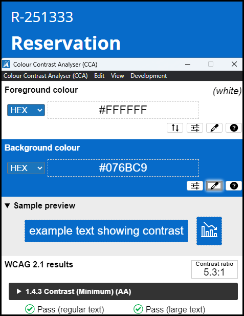 Screen shot of color contrast analyzer results on a theme cosmos case.