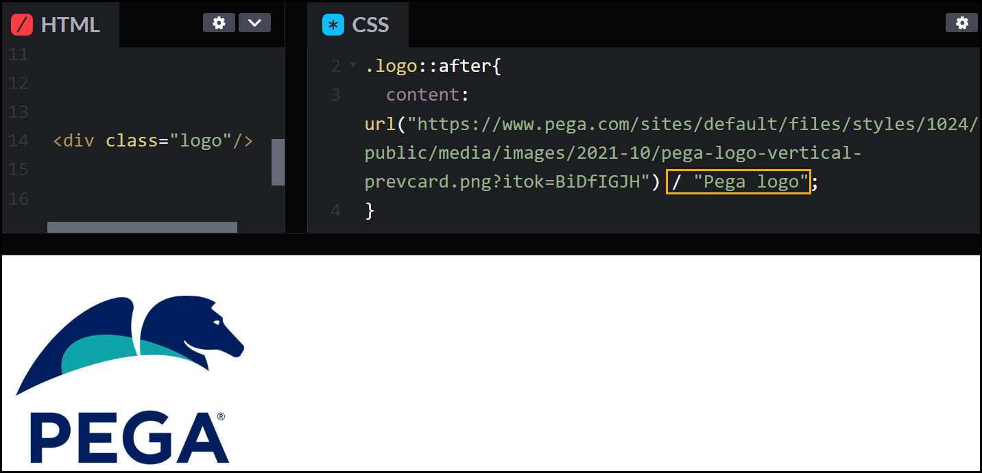 An image of the Pega logo shown via CSS pseudo-class, along with the corresponding syntax to provide alt text through the content property