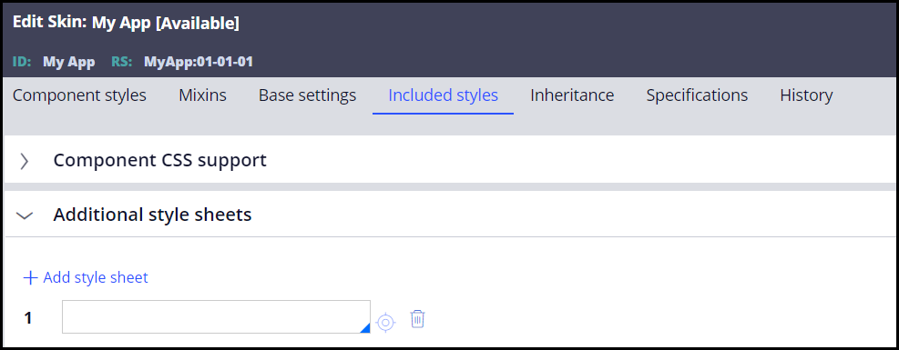 The application Skin Rule in Dev Studio with the ”Included Styles” tab selected to show additional CSS options