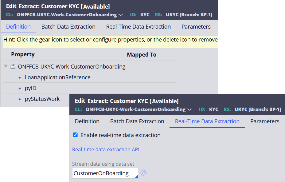 Extract rule form in U+ KYC application that shows how ‘Enable real-time data extraction’ was enabled and data is set to be published to kafka.