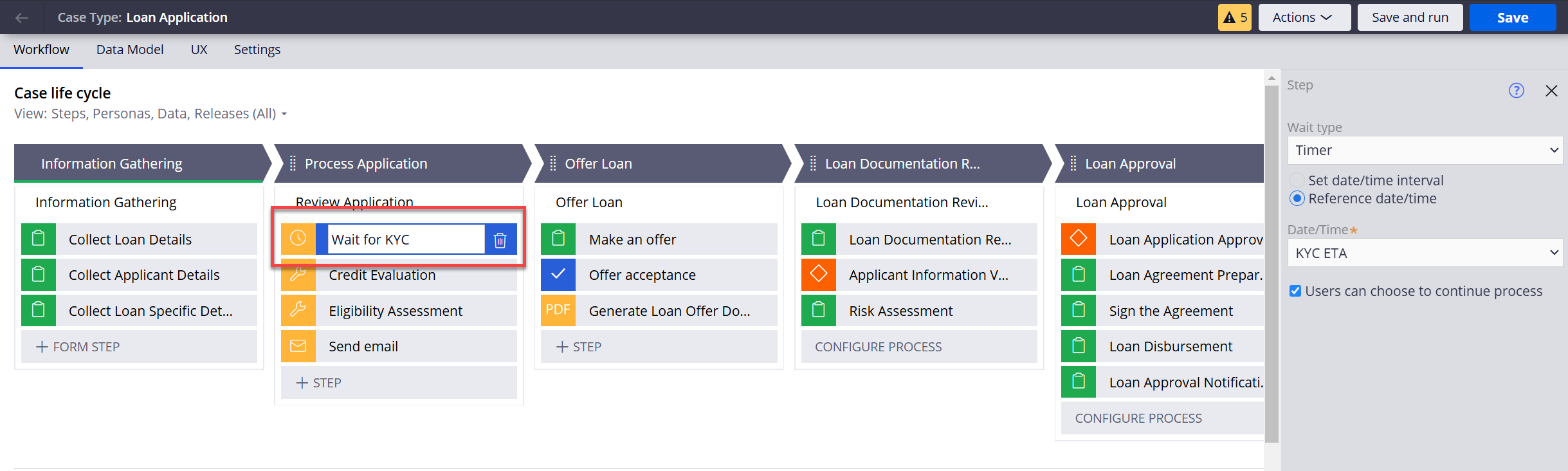 ‘Wait for KYC’ step is shown to be configured to wait over a ‘Timer’ which is based on a referred date/time property.