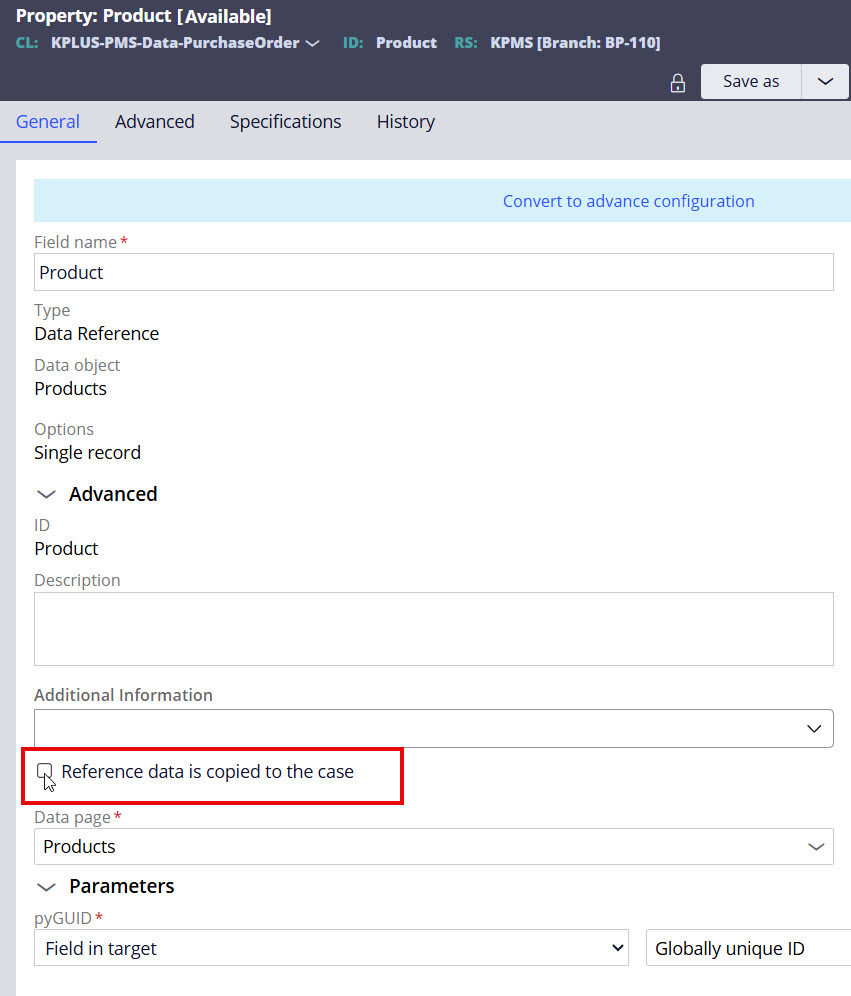 Product field from the purchase order