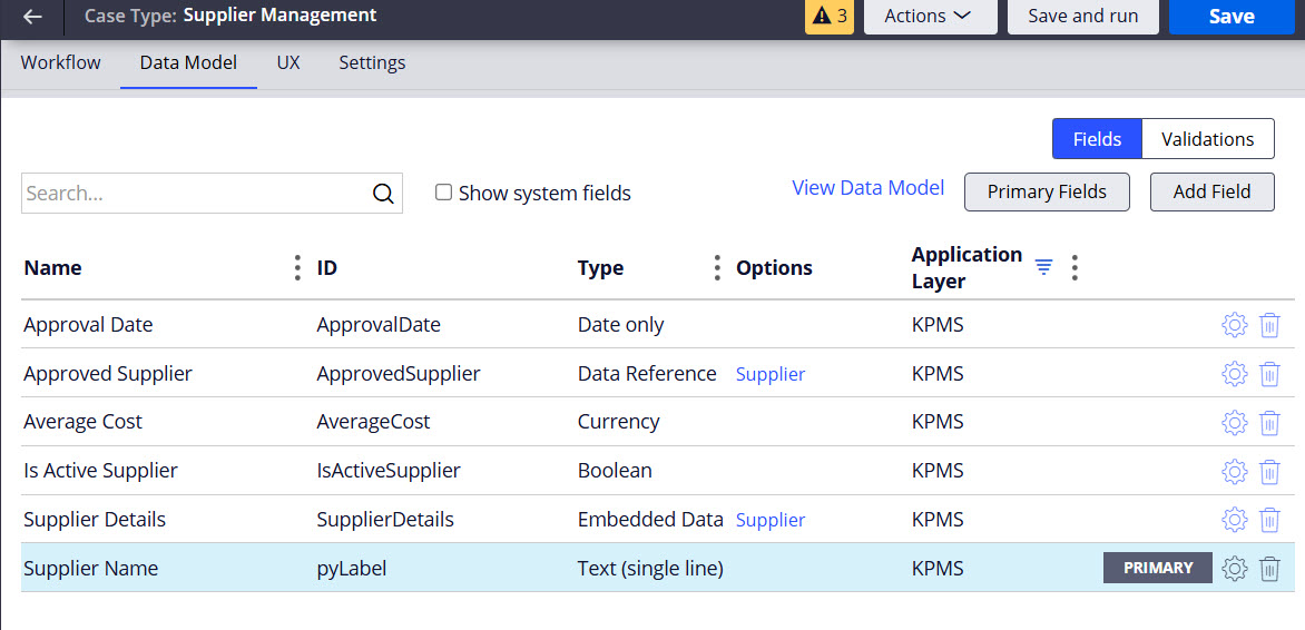 Screenshot of the Data Model of the Supplier Management Case Type