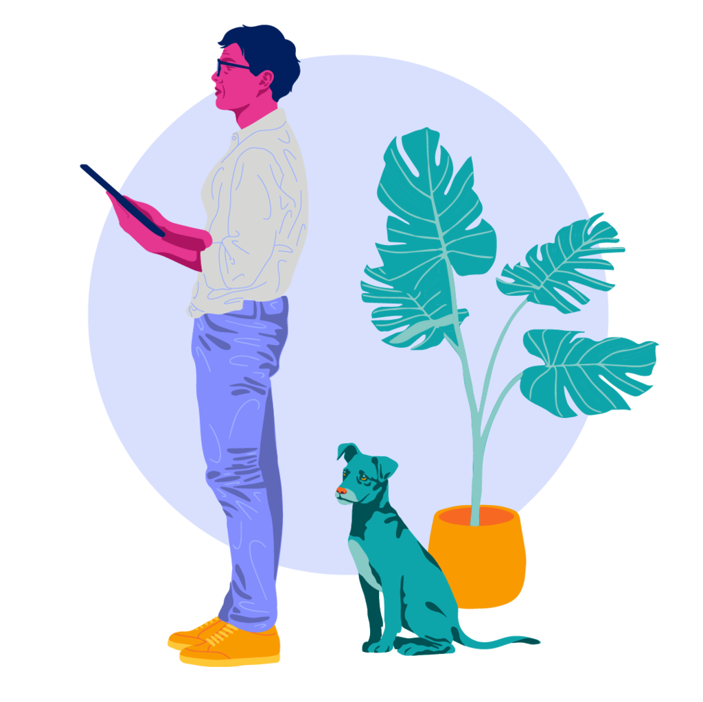 a person with a mobile device standing next to a dog and a house plant