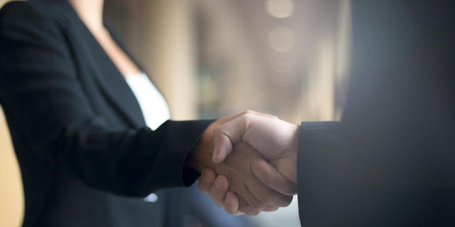 Two people shaking hands with a focus on the handshake.