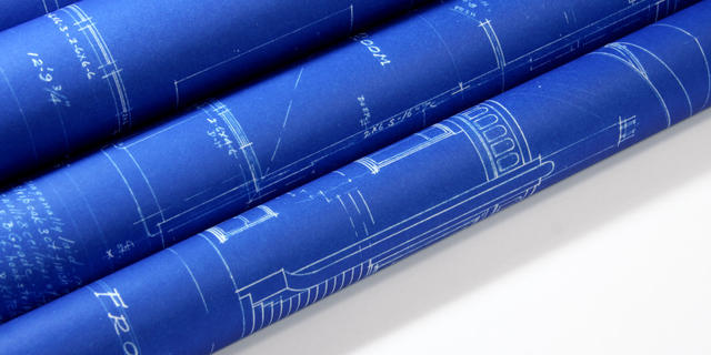 Series of blue blueprint plans. 