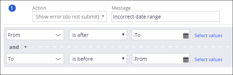 A validation condition that checks if a date range has a From date set after the To date, and the To date set before the From date. If the user tries to submit the form with an incorrect date range, an error message appears.