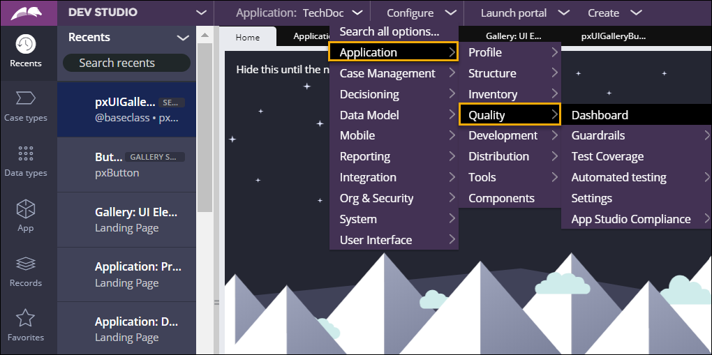 Navigating to the Application Quality landing page in Dev Studio